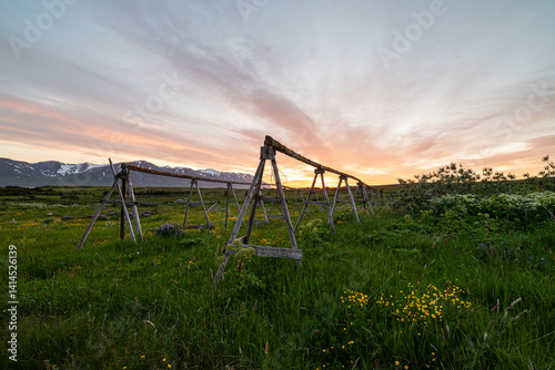 Beautiful sunset on island of hrisey in Iceland