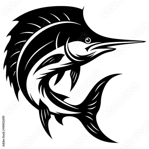 Dramatic Black and White Marlin Illustration in Bold Graphic Style