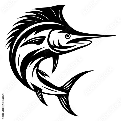 Stylized black and white marlin vector illustration in a minimalist design