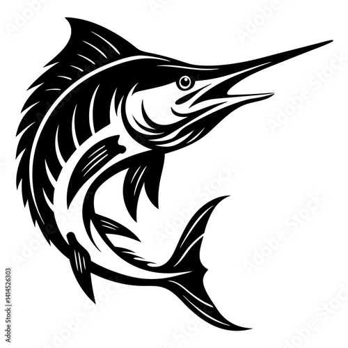 Striking black and white illustration of a dynamic marlin in motion