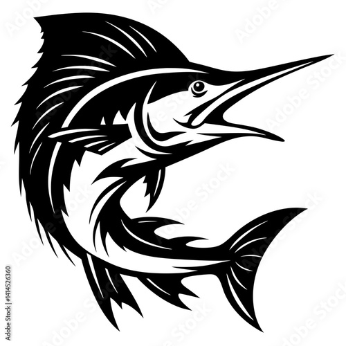 Majestic Black and White Marlin Illustration with Striking Details and Open Mouth