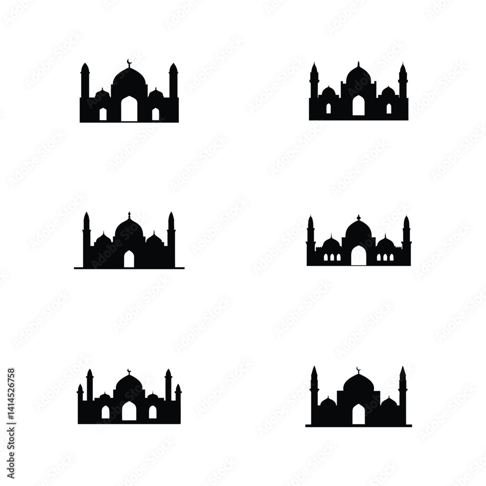 Set of Silhouettes Depicting Mosque Design Variations on a White Background
Set of Silhouettes Depicting Mosque Design Variations on a White Background