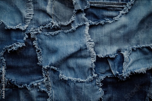 Close-up of distressed denim fabric with frayed edges, showcasing patchwork details and a textured surface.