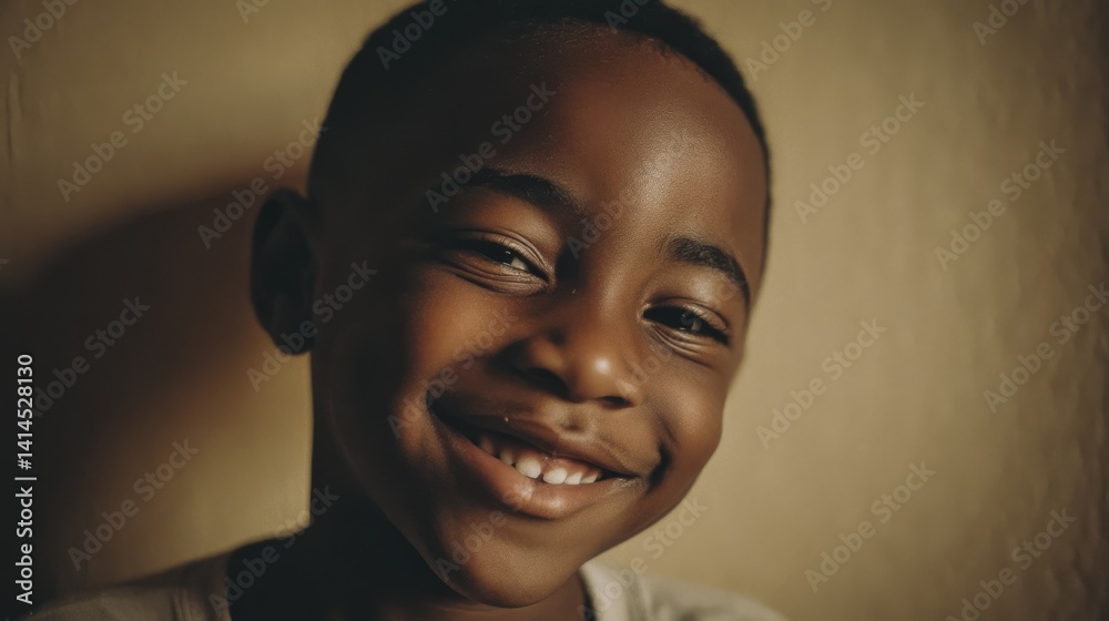 A boy's radiant smile brightens the room, his eyes full of joy and warmth in this intimate portrait captured against a golden backdrop.