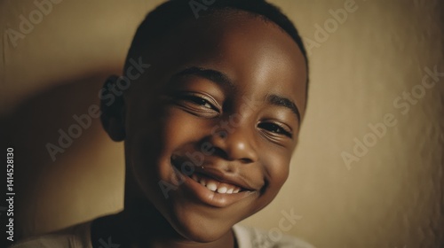Obraz na płótnie A boy's radiant smile brightens the room, his eyes full of joy and warmth in this intimate portrait captured against a golden backdrop. w salonie
