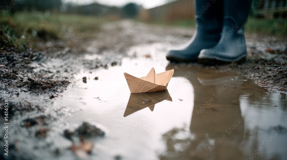 A paper boat floats gently in a roadside puddle, paired with a dark pair of boots, encapsulating a moment of quiet reflection.