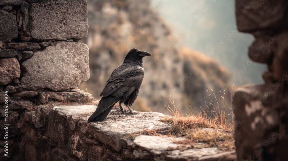 A raven sits majestically on a stone ledge within ancient ruins, surrounded by a misty mountain backdrop, creating a mysterious, gothic atmosphere.