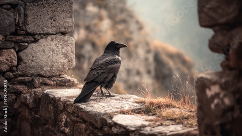 Obraz na płótnie A raven sits majestically on a stone ledge within ancient ruins, surrounded by a misty mountain backdrop, creating a mysterious, gothic atmosphere. w salonie