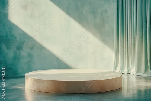 Obraz na płótnie Turquoise Round Display Stage Highlighted by Soft Spotlight in an Inviting Modern Space w salonie