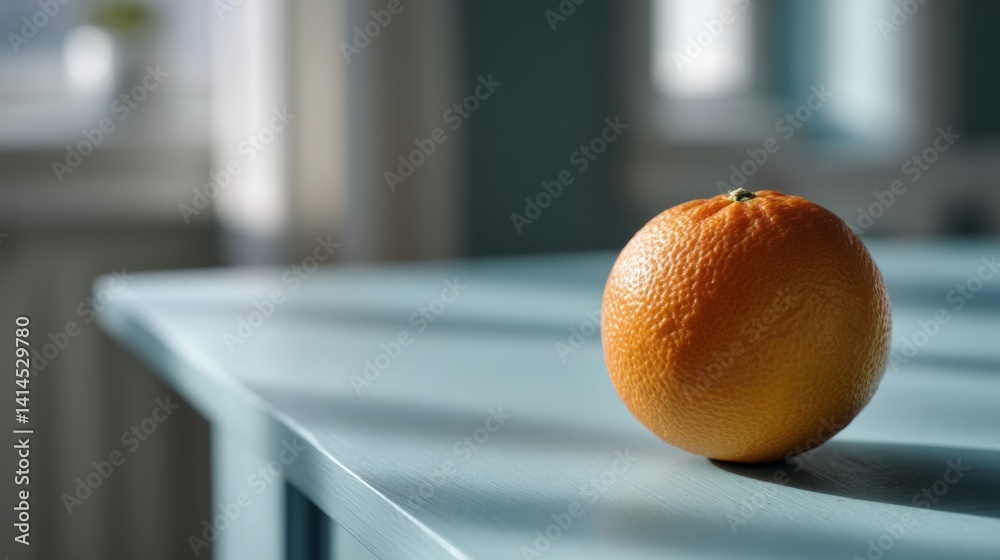 A single orange rests on a sunlit table, exuding freshness and simplicity in an inviting kitchen.