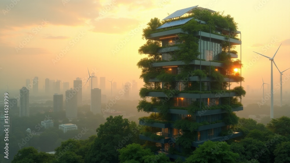 Obraz premium Green Eco-Friendly Skyscraper at Sunset