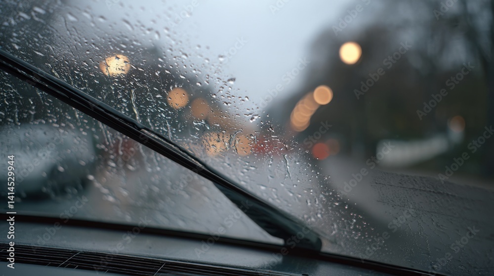 A rainy evening view through a car windshield, droplets casting a soft blur over glowing streetlights and moving traffic.