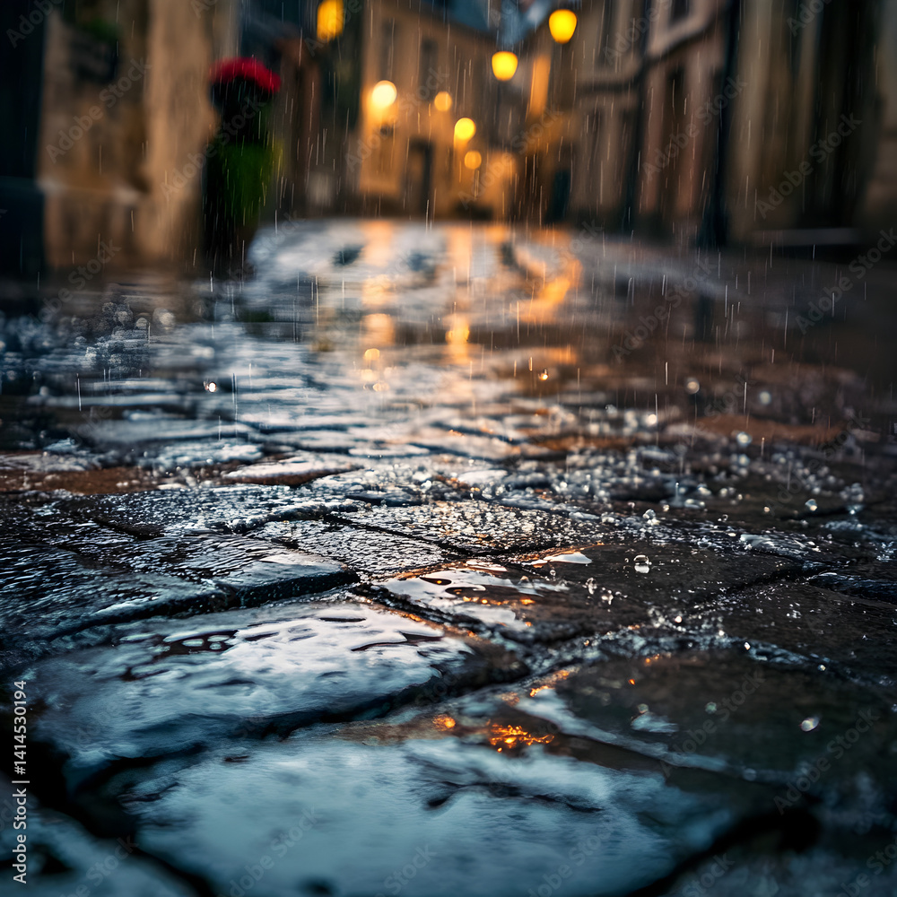 Fototapeta premium Rainy night reflections cobblestone streets urban scene soft lighting low angle serenity in the city