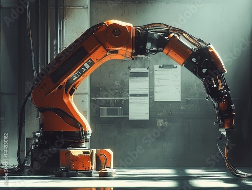 Welding Robot Arm with Cable Carrier System, Industrial Lighting Shadows, and Maintenance Checklist Overlay