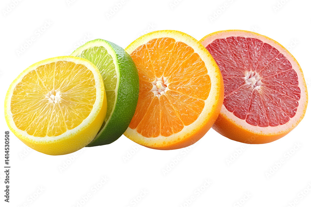 Citrus Symphony: A vibrant composition showcasing the juicy halves of lemon, lime, orange and grapefruit. A delightful assortment of fresh fruits for a burst of flavor and a splash of color. Citrus Symphony: A vibrant composition showcasing the juicy halves of lemon, lime, orange and grapefruit. A delightful assortment of fresh fruits for a burst of flavor and a splash of color.