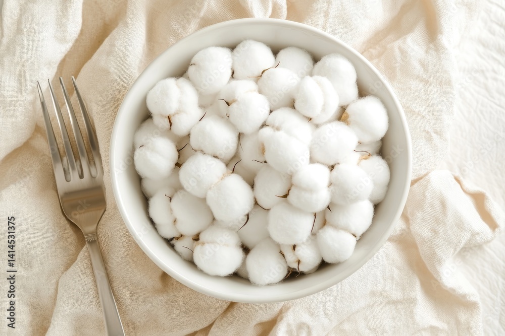 Bowl Filled With Fluffy Cotton Balls on a Soft Fabric Surface With a Fork Alongside It