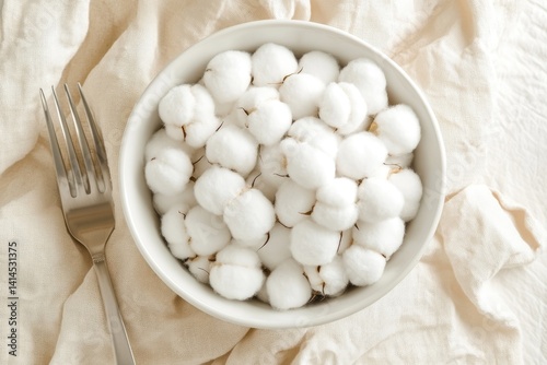 Obraz na płótnie Bowl Filled With Fluffy Cotton Balls on a Soft Fabric Surface With a Fork Alongside It w salonie