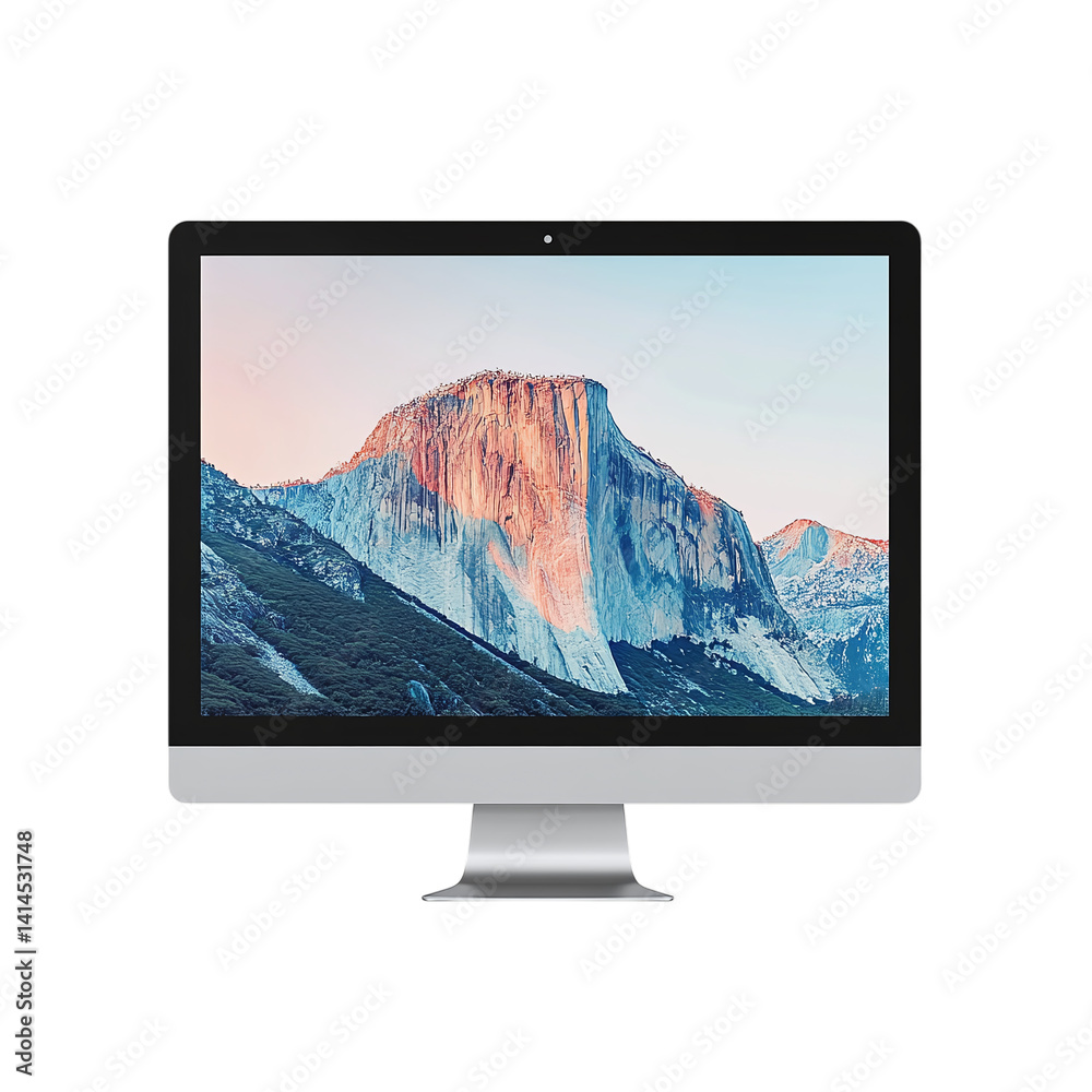 Fototapeta premium Modern Monitor with Mountain Wallpaper Isolated White Background
