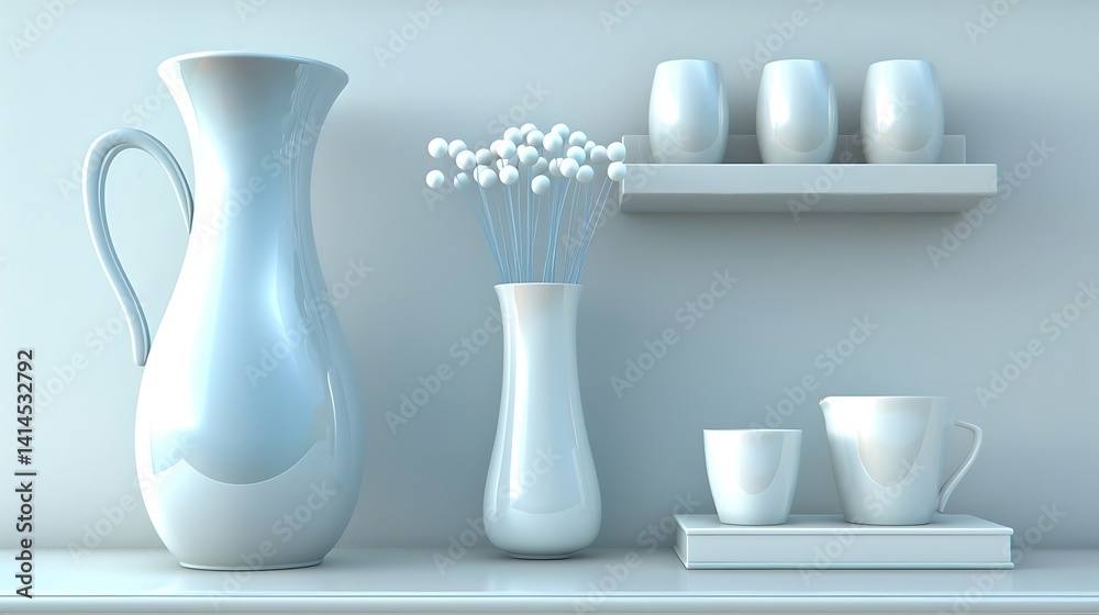 Monochromatic still life with pitchers, vases, cups and decorative spheres Monochromatic still life with pitchers, vases, cups and decorative spheres