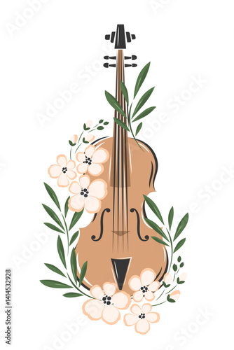 Music instrument Violin decorated with flowers on white background. Vector design template for poster, banner, cover, advertising.