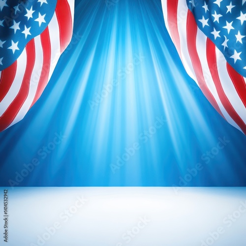 Patriotic background with American flags framing a bright blue spotlight, symbolizing civic engagement and offe copy space for text and messages of unity.