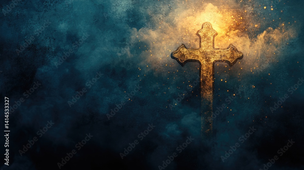 vintage christian easter background with Holy cross, the symbol of death and resurrection of Jesus Christon old gold blue concrete wall