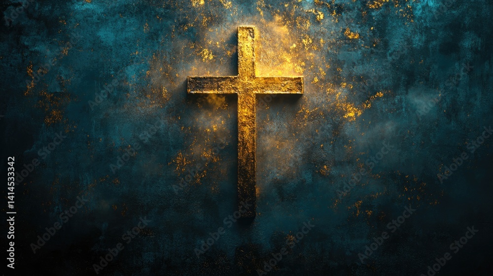 vintage christian easter background with Holy cross, the symbol of death and resurrection of Jesus Christon old gold blue concrete wall