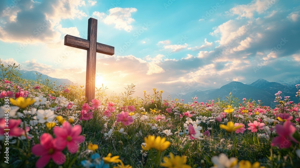 Holy cross the symbol of death and resurrection of Jesus Christ with dramatic sunset.