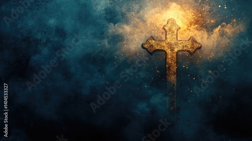 Obraz na płótnie vintage christian easter background with Holy cross, the symbol of death and resurrection of Jesus Christon old gold blue concrete wall w salonie