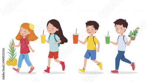 Cute cartoon kids running with drinks and plants, enjoying summer fun