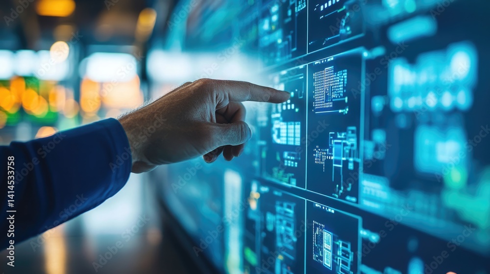 working hands of controller with data base from Scada system on computer screen.