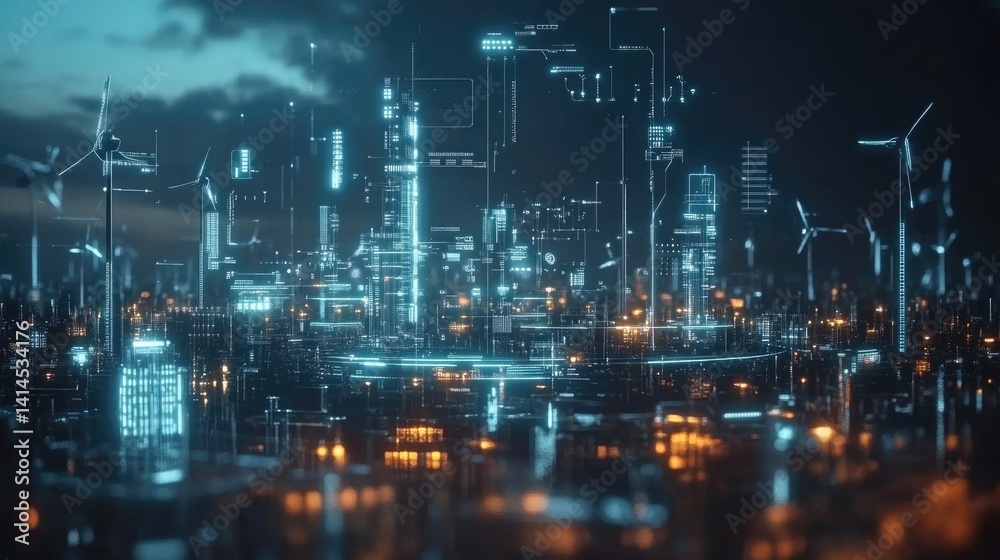 futuristic graphic icons of Scada system of operator controller engineer at wind turbines farm.