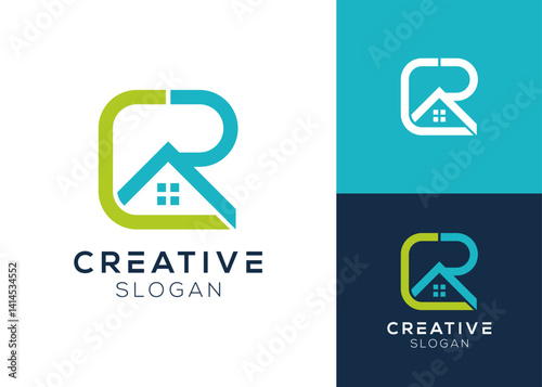 Letter CR or C and R with roof house logo design for real estate