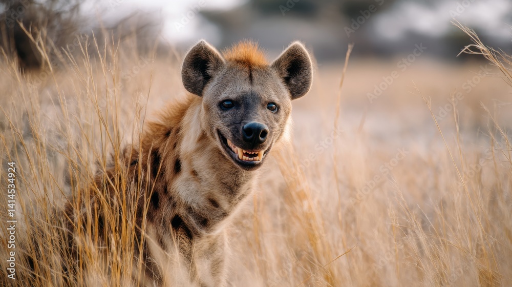 A laughing hyena emerges from golden savanna grass under the bright sun, its eyes glinting with curiosity.