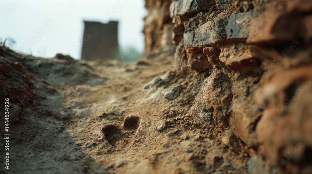 A heart-shaped impression in a dusty path by crumbling old brick walls, capturing a moment of unexpected beauty and history.