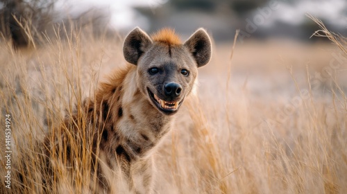 Obraz na płótnie A laughing hyena emerges from golden savanna grass under the bright sun, its eyes glinting with curiosity. w salonie