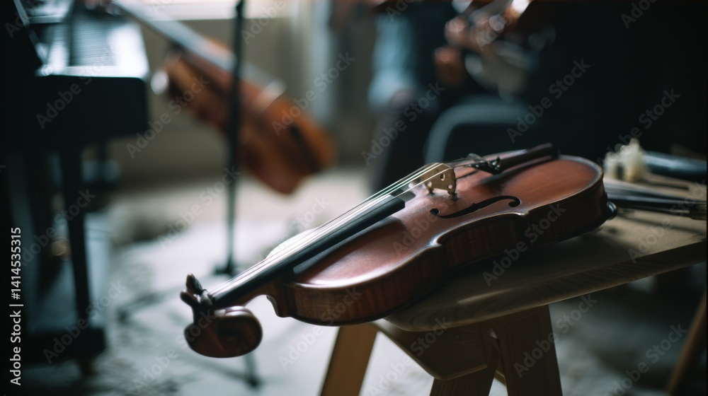 A violin rests on a wooden stool in a softly lit room, surrounded by other musical instruments, evoking a sense of musical anticipation.
