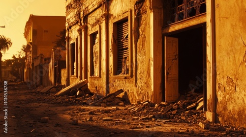 A street with a row of old buildings  some of which are in ruins