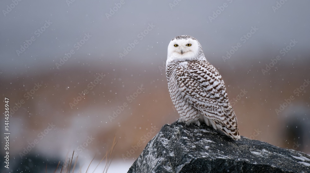 A majestic snowy owl perches on a rock as soft snowflakes fall, set against a blurred winter backdrop.