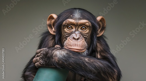 Thoughtful chimpanzee portrait in a relaxed pose with detailed skin textures