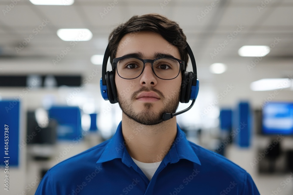 Obraz premium Young man in headset shows focus and professionalism in modern o