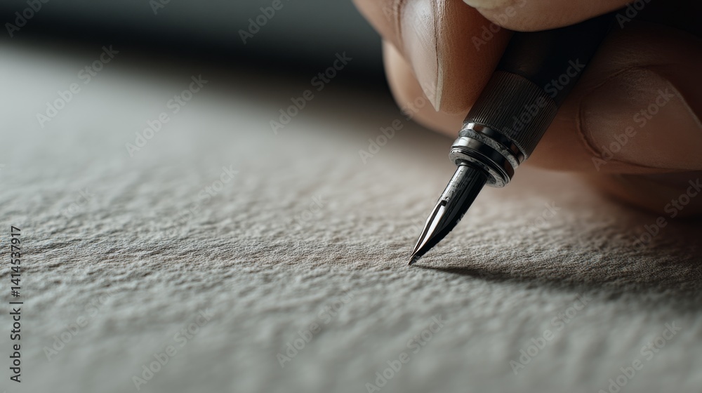 A hand holds a fountain pen, poised delicately on textured paper, ready to transform thoughts into elegant script.