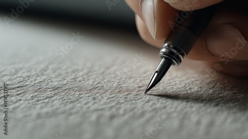 Obraz na płótnie A hand holds a fountain pen, poised delicately on textured paper, ready to transform thoughts into elegant script. w salonie