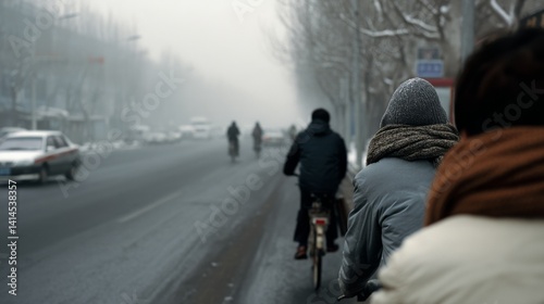 Cyclists move through a foggy city street, bundled against the cold, capturing a moment of urban resilience and everyday life amidst wintry conditions.