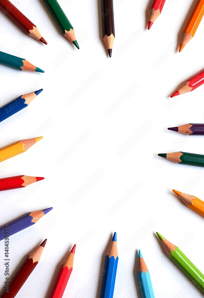 Fototapeta premium A vibrant arrangement of colorful pencils arranged in a circular pattern, creating a frame or border, with space in the middle