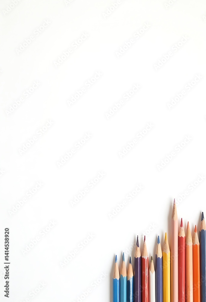 Fototapeta premium A set of colorful pencils arranged in a row, showcasing a variety of hues and tones. They're ready for drawing and adding color to a project.