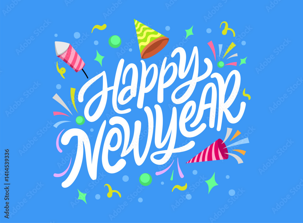 Obraz premium Colorful Happy New Year lettering graphic vector illustration with blue background