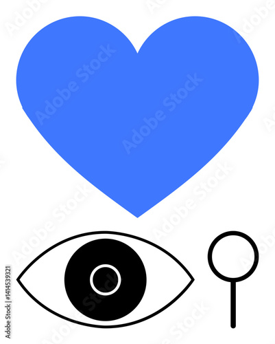Blue heart above a black eye and magnifying glass symbolizing love, observation, curiosity, and analysis. Ideal for health, mindfulness, relationships, research, vision design and simple landing