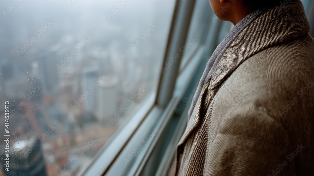 A person stands by a window, wrapped in a wool coat, watching the foggy cityscape below, capturing a moment of peaceful reflection.