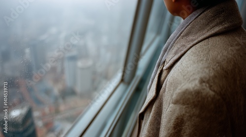 Obraz na płótnie A person stands by a window, wrapped in a wool coat, watching the foggy cityscape below, capturing a moment of peaceful reflection. w salonie